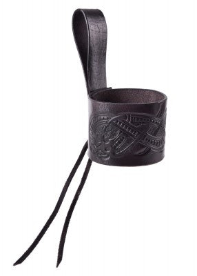 Leder Hornhalter für Trinkhorn, geprägter Drache, Jelling-Stil, schwarz
