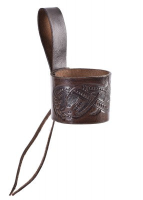 Leder Hornhalter für Trinkhorn, geprägter Drache, Jelling-Stil, dunkelbraun